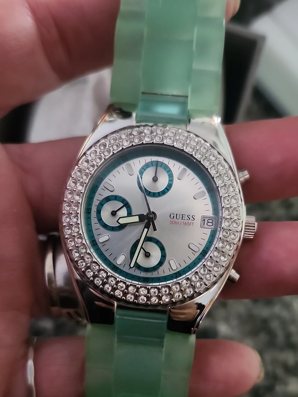 NIB GUESS Chronograph Swarovski Crystal Bezel Aqua Green Strap-